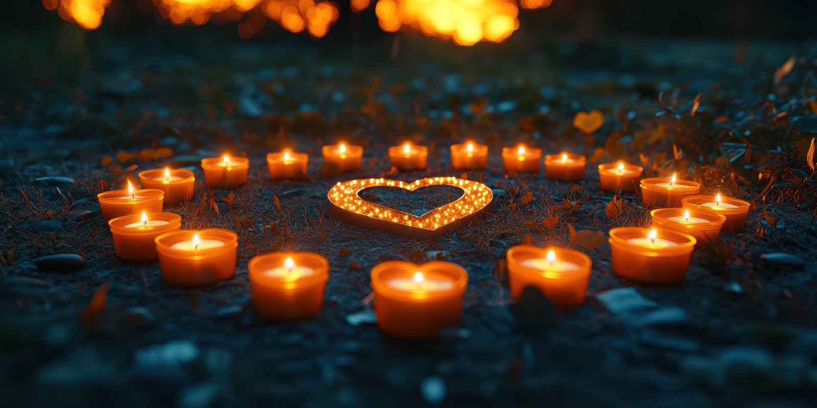 Warm candles arranged in a heart shape create a romantic atmosphere outdoors during twilight
